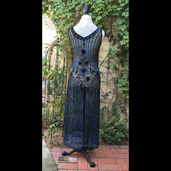 🎉HP🎉 European Flapper Dress 20’s Gatsby Mesh Sequins Sapphire Onyx Color… - Picture 5 of 12